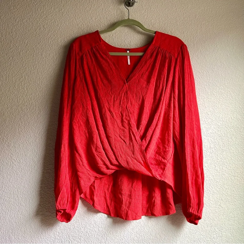 Free People Check On It Wrap Crinkle Crepe Blouse Top in Flame Red, size M